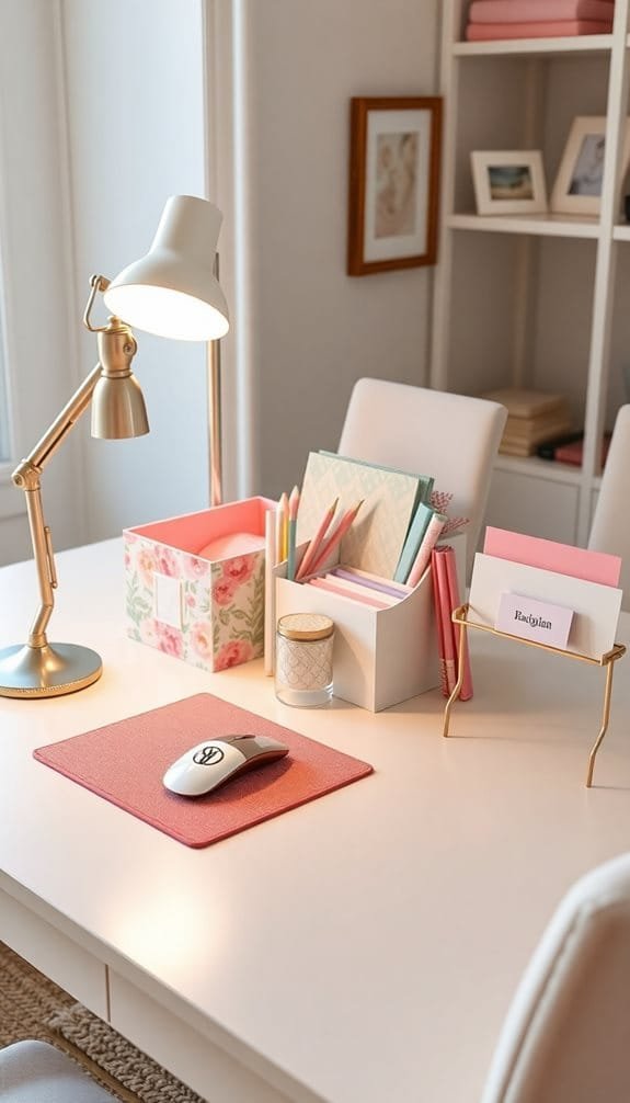 A stylish and organized desk featuring a gold lamp, pink stationery, decorative storage boxes, and a sleek mouse on a pink mouse pad, set in a bright, modern workspace.
