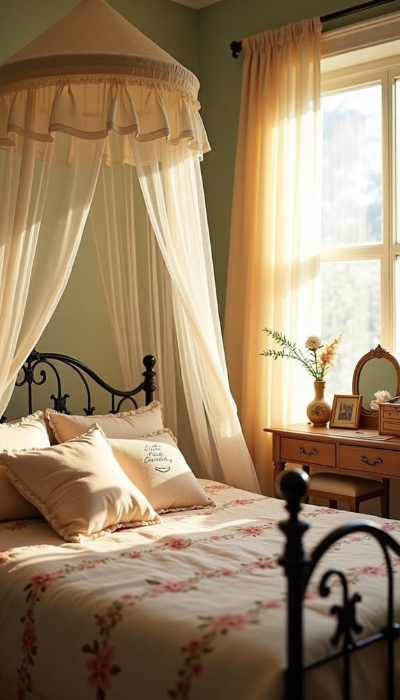 Cozy bedroom with a floral-patterned bedspread, decorative pillows, and a canopy above the bed. Soft sunlight streams through the sheer curtains, illuminating a wooden dresser with a mirror and decorative vase, creating a warm and inviting ambiance.