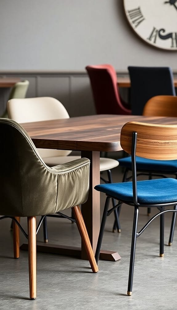 Interior view of a modern dining area featuring a wooden table surrounded by various stylish chairs in different colors, including olive green, cream, blue, and burgundy. A large wall clock is visible in the background, enhancing the contemporary aesthetic.
