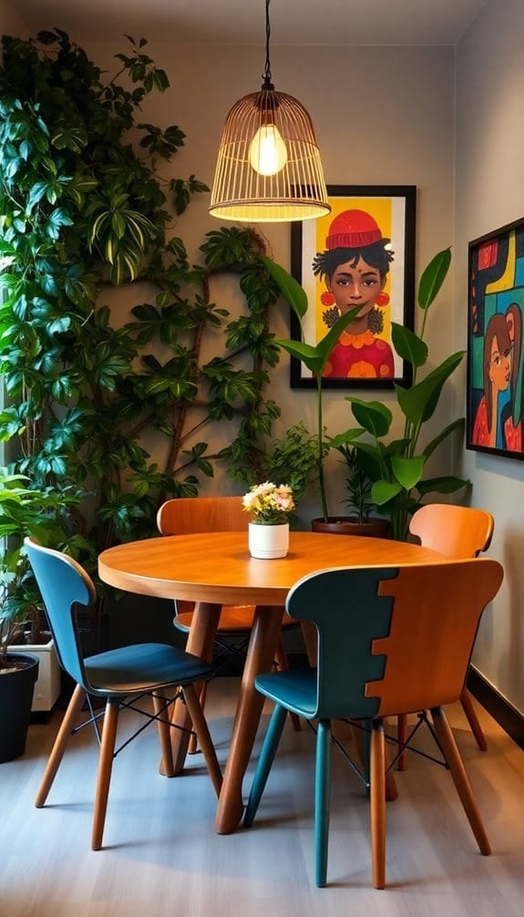 Cozy dining area featuring a wooden round table surrounded by colorful chairs, complemented by lush green plants and a stylish pendant light. Bright artwork adorns the wall, creating a vibrant and inviting atmosphere.