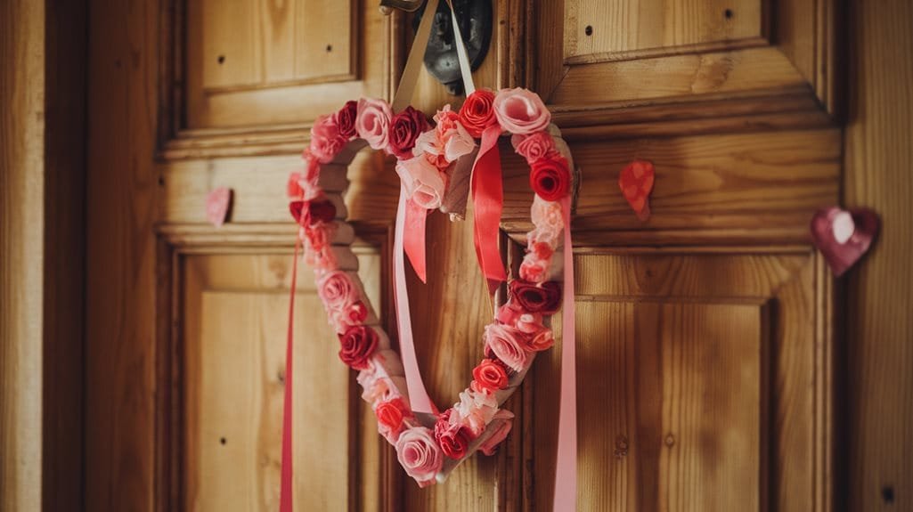 Colorful floral heart wreath hangs on a wooden door, decorated with pink and red roses and ribbons.