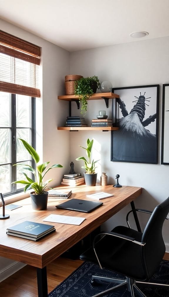 Modern home office with sleek wooden desk, laptop, and decorative plants. Natural light from a window enhances the inviting atmosphere. Wall-mounted shelves display books and a potted plant, while a large framed art piece adds character to the space. Black office chair complements the stylish decor.