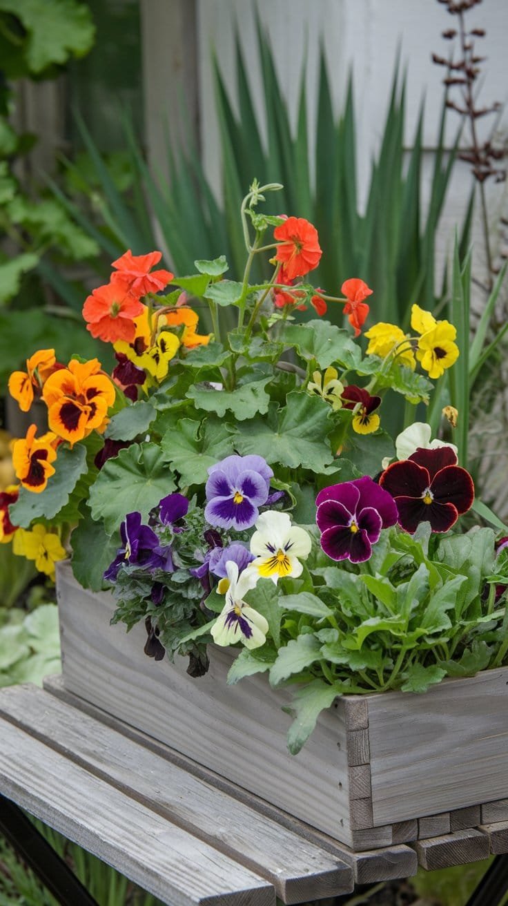 Colorful pansies and geraniums in a wooden planter, enhancing garden aesthetics and promoting vibrant landscaping.