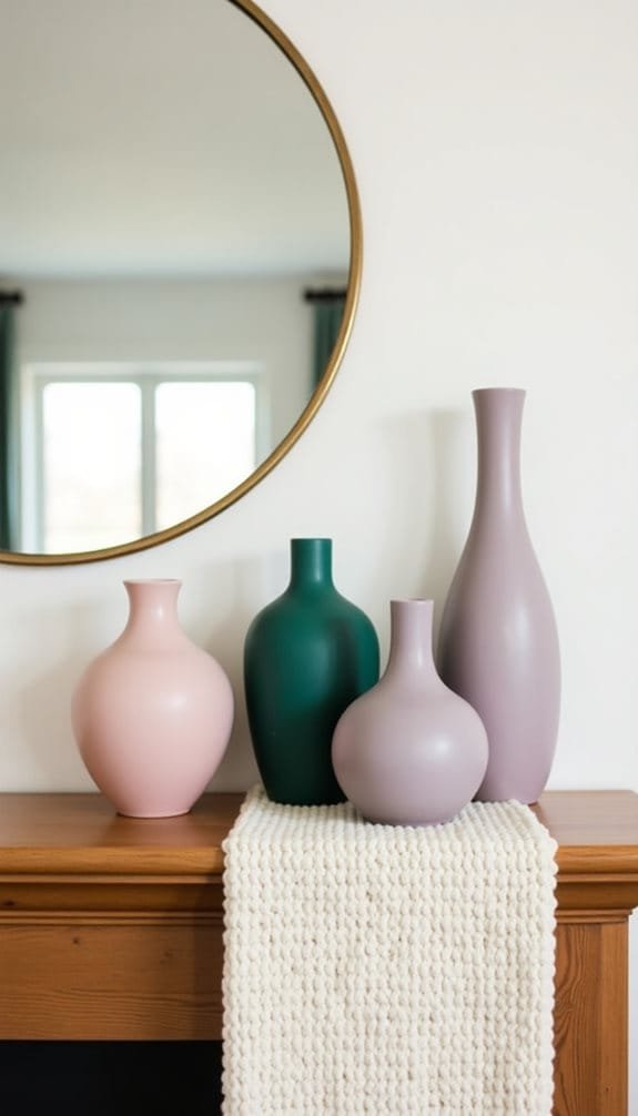 Elegant home decor featuring four colorful vases in varying shapes and sizes on a wooden mantel.