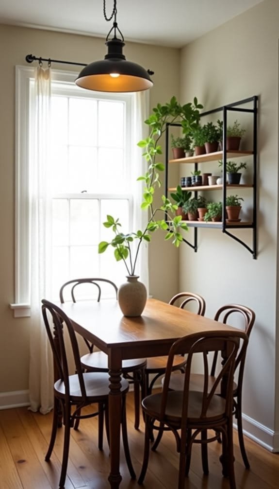 Bright dining room featuring a wooden table, pale green chairs, and a floral centerpiece by a large window.
