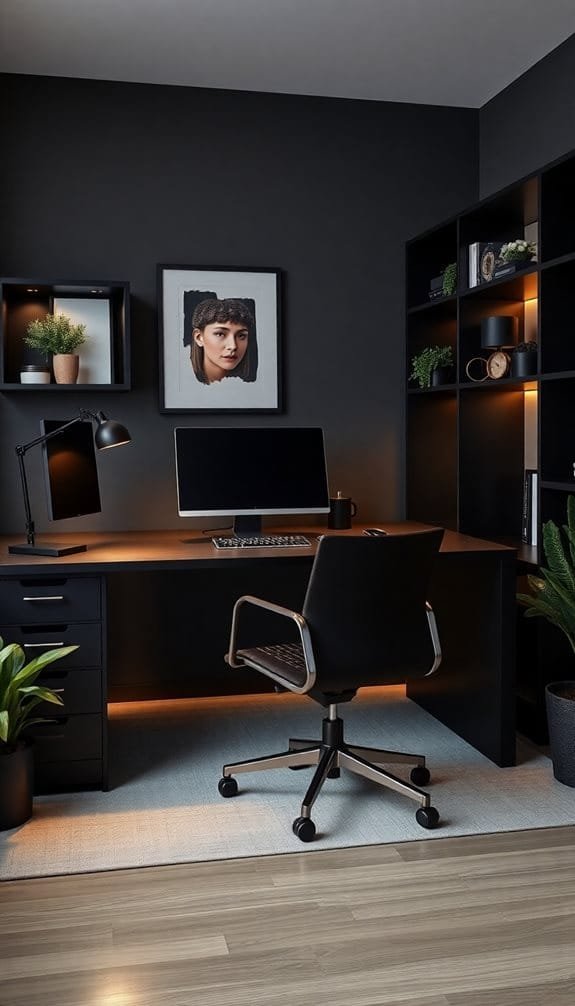 Modern home office interior featuring a sleek black desk, ergonomic chair, computer monitor, and stylish decor. The dark walls contrast with warm lighting and greenery, creating an inviting workspace atmosphere.