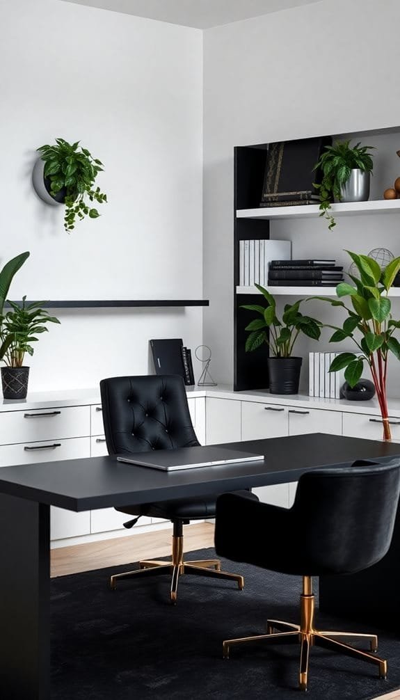 Modern home office featuring a sleek black desk, two stylish black chairs, and lush green plants for a fresh atmosphere. The minimalist design includes white cabinetry, open shelving with books, and decorative items, creating a sophisticated workspace.