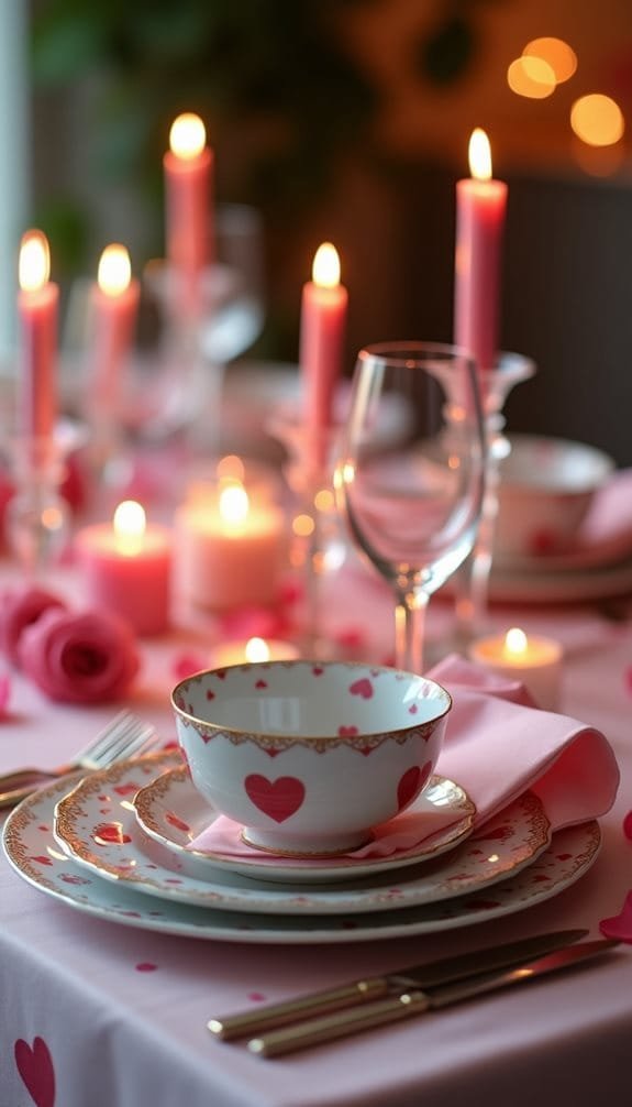 Romantic dinner setting with pink candles, rose accents, and heart-patterned dishware on a soft pink tablecloth.
