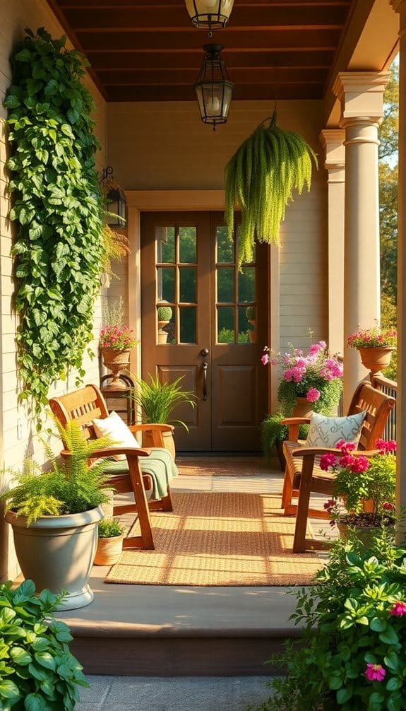 Charming porch with wooden chairs, vibrant flowers, hanging plants, and welcoming entry, perfect for relaxation and outdoor enjoyment.