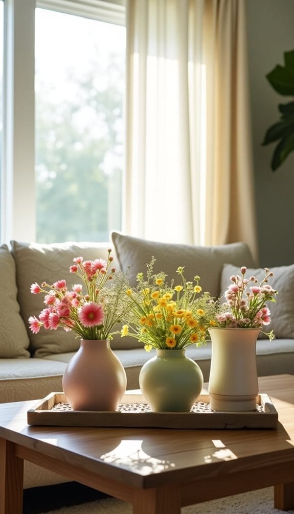 Brightly colored flower arrangements in decorative vases on a wooden coffee table, with natural light streaming through sheer curtains in a cozy living room setting.