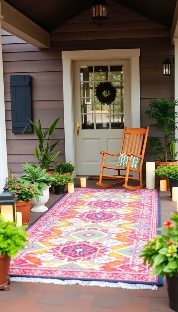 Colorful porch entrance featuring a patterned rug, rocking chair, potted plants, and decorative candles.