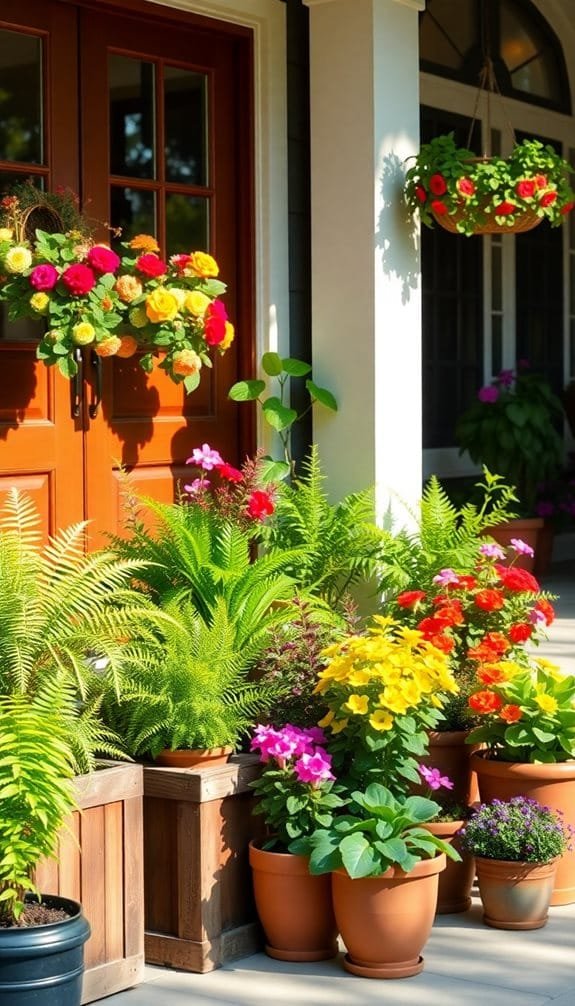 Colorful flowers and lush ferns decorate a welcoming porch with wooden planters and vibrant hanging baskets.