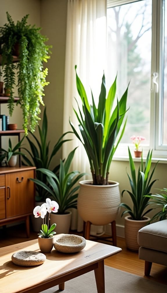 Bright and airy living room featuring a wooden coffee table with a small orchid plant, complemented by decorative stone coasters. Lush green plants in various pots adorn the space, creating a refreshing and inviting atmosphere with natural light streaming in through large windows.