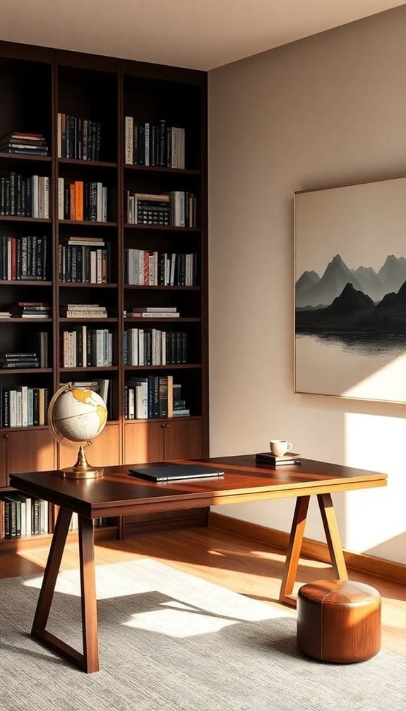 Modern home office with a wooden desk, globe, bookshelf, mountain artwork, and natural lighting for inspiration.