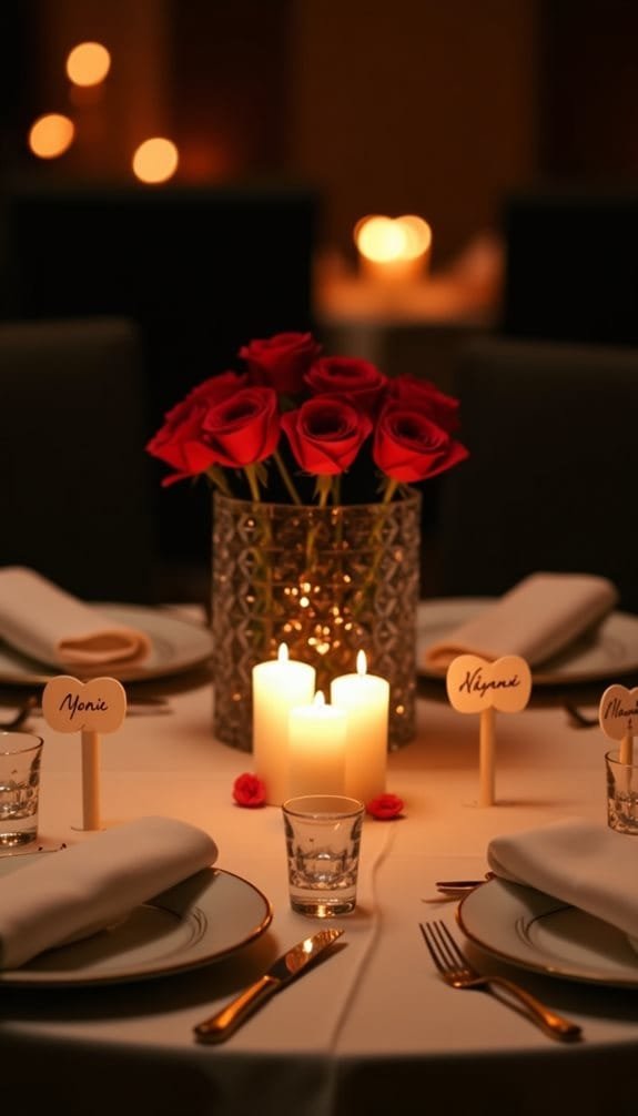 Elegant dinner table set with red roses, candles, and personalized place settings, creating a romantic ambiance.