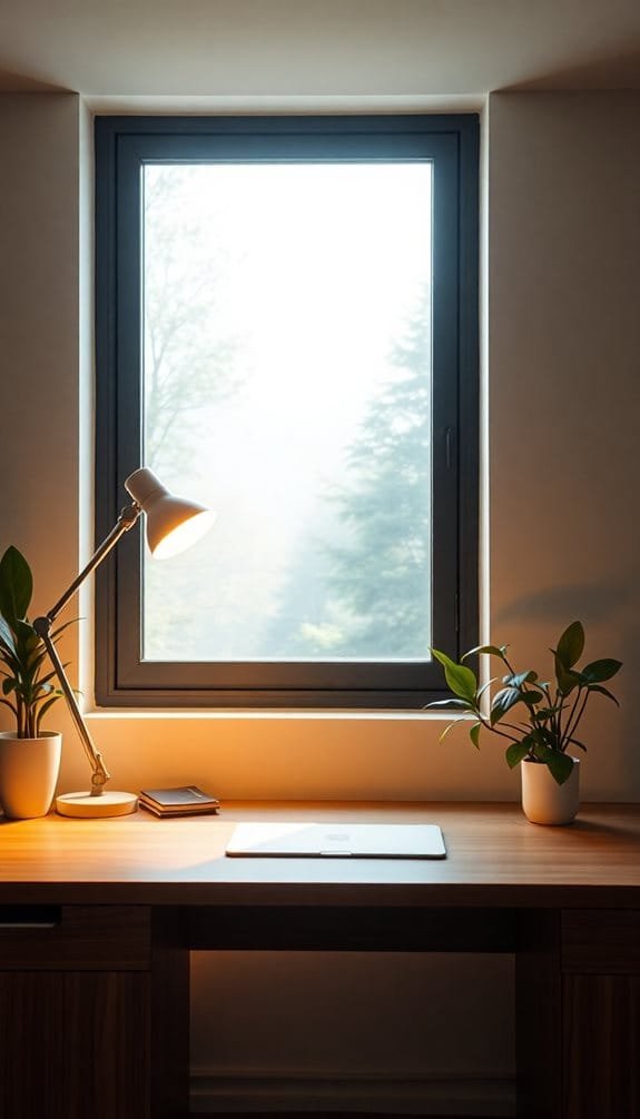 Cozy workspace with a window, plants, a desk lamp, and a laptop, creating a serene and inviting atmosphere.