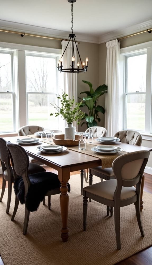 Elegant modern dining room featuring a wooden table set for six, surrounded by upholstered chairs. Natural light streams in through large windows adorned with white curtains.