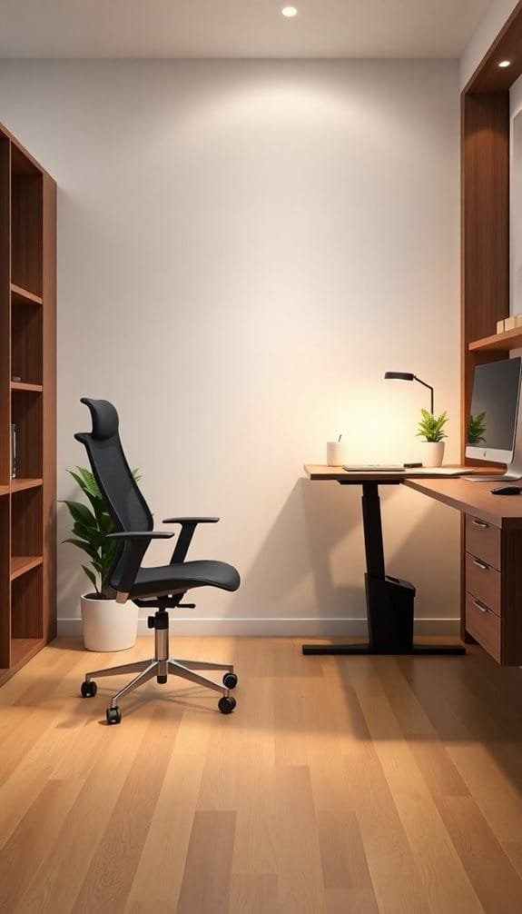 Modern home office setup featuring an ergonomic chair, wooden desk, and decorative plants for a productive workspace.