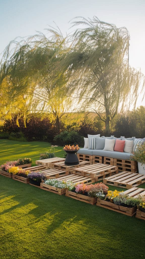 Cozy outdoor seating area featuring a pallet sofa with cushions, surrounded by colorful flower beds and a central fire pit, all set against a lush green lawn and bright sky.