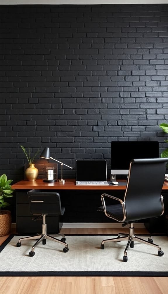 Modern home office setup featuring a sleek wooden desk, two ergonomic chairs, and dual computer monitors against a stylish black brick wall. The space includes decorative plants, a stylish desk lamp, and a cozy area rug, providing a functional yet aesthetically pleasing work environment.