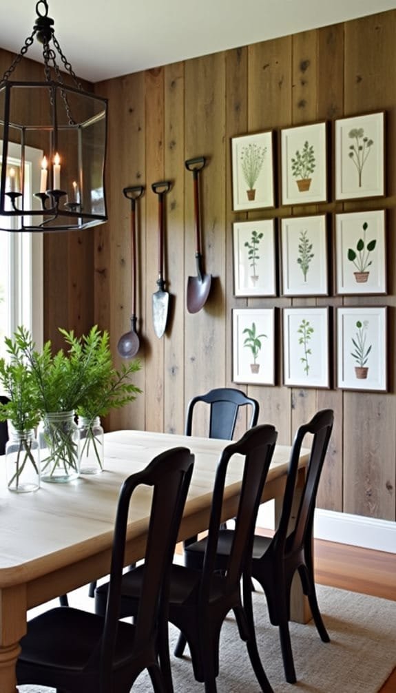 Modern dining room featuring a light wooden table surrounded by black chairs, complemented by a glass pendant light. The wall showcases framed botanical art
