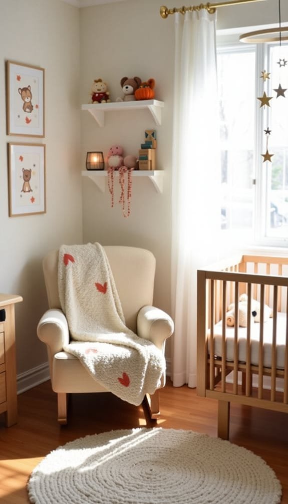 Cozy nursery featuring a plush armchair draped with a soft blanket, wooden crib with stuffed animals, and cheerful wall decor. Bright sunlight streams through window, illuminating the warm wooden floor and a round area rug. Perfect for creating a calming environment for babies and toddlers.