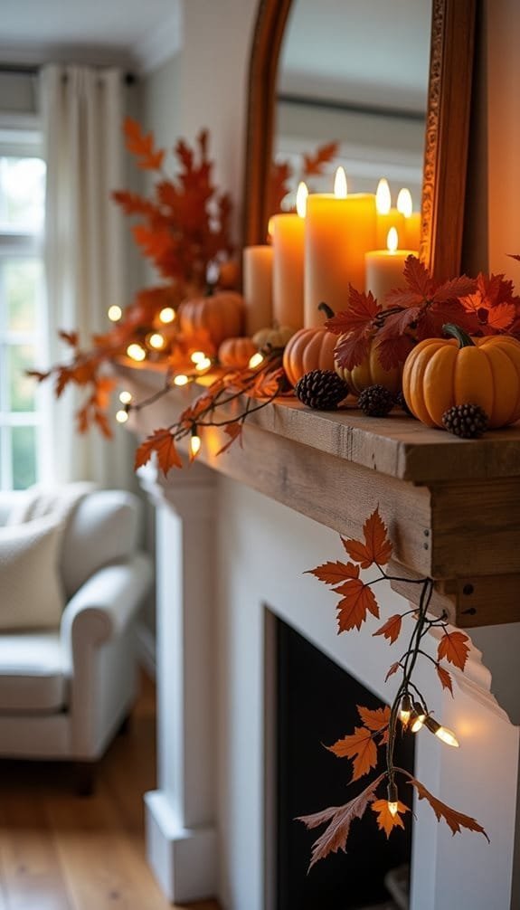 Cozy autumn fireplace mantle decorated with pumpkins, candles, and fall leaves, creating a warm, inviting atmosphere.