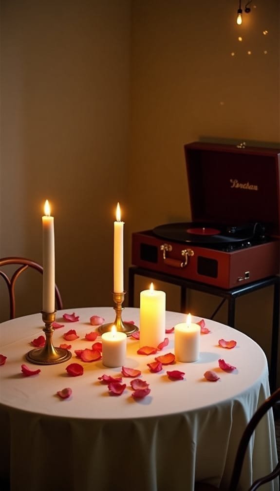 Romantic dinner setup featuring candles and rose petals on a table, with a vintage record player in the background.