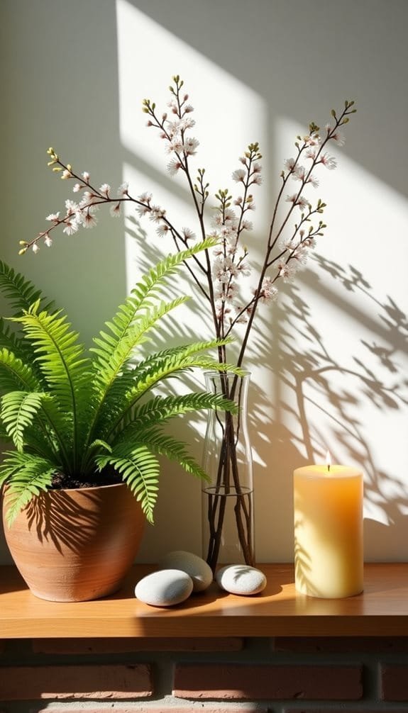 Stylish home décor scene featuring a green fern plant in a terracotta pot, delicate flowering branches in a clear vase, a lit yellow candle.