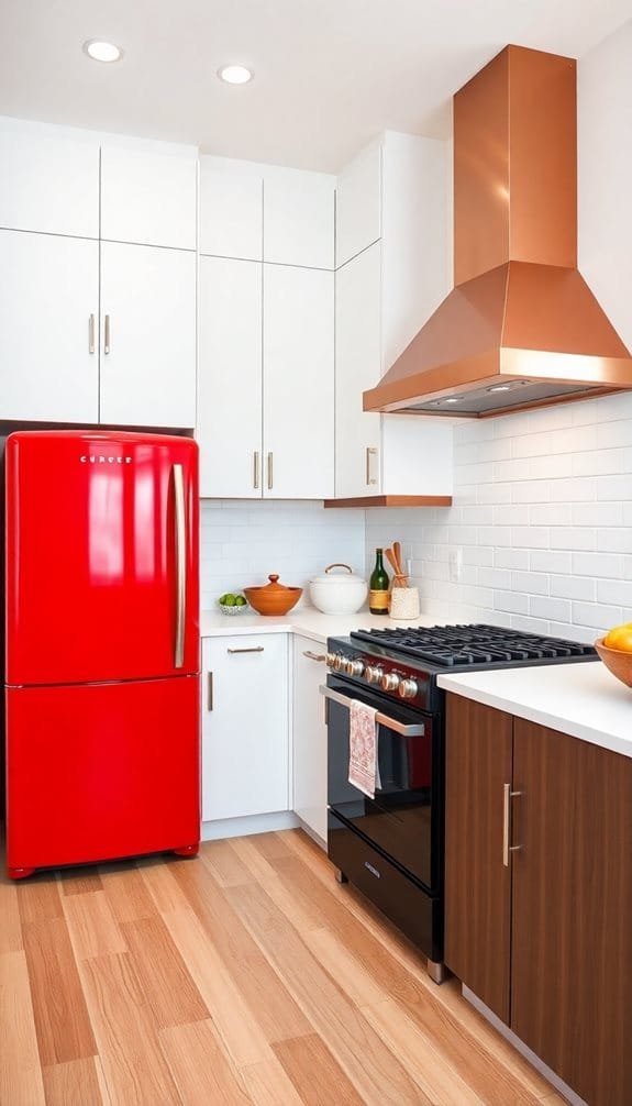 Modern kitchen featuring a bright red refrigerator, sleek black gas stove, and stylish copper range hood. The space is equipped with white cabinetry and warm wooden flooring, creating a contemporary and inviting atmosphere.
