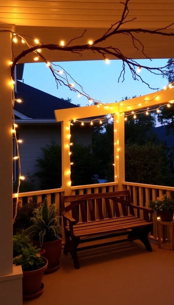 Cozy porch with string lights illuminating wooden bench and potted plants against a twilight backdrop. Perfect for relaxation.