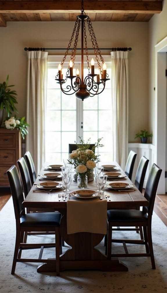Spacious dining room featuring a rustic wooden table set for a meal, surrounded by eight black chairs. A stylish chandelier hangs overhead, and a bouquet of flowers