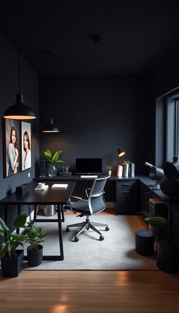 Modern home office with dark walls, featuring sleek furniture, a comfortable ergonomic chair, and vibrant green plants. The layout includes a large desk, an adjacent workstation, and stylish lighting, creating a sophisticated and conducive workspace atmosphere.