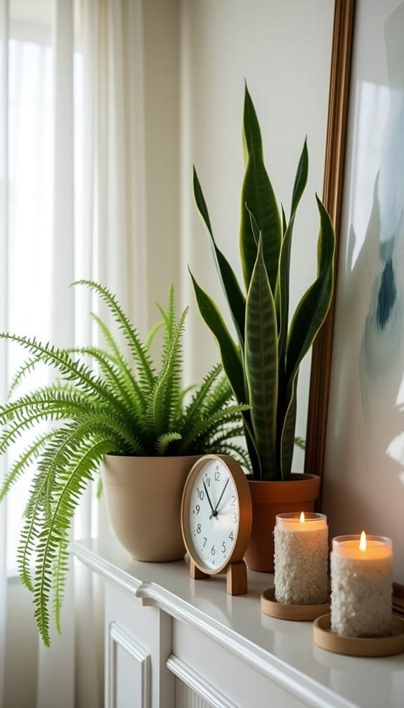 Indoor decor featuring lush green plants, a minimalist clock, and lit candles on a white mantel, creating a serene and inviting atmosphere.