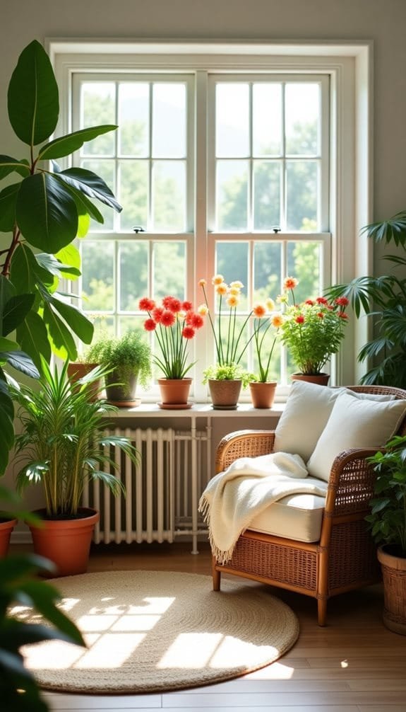 Cozy indoor setting featuring a rattan chair with soft cushions, a warm blanket, and a variety of vibrant potted flowers