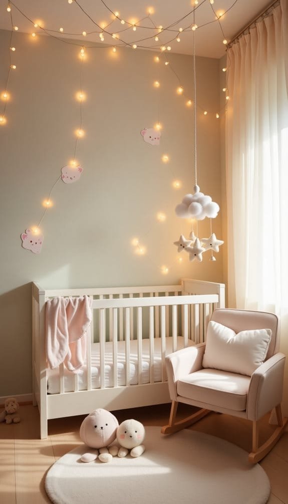 Cozy nursery featuring a white crib with a pink blanket, a plush chair, and child-friendly decor including soft toys and fairy lights. The serene atmosphere is enhanced by soft colors and natural light, perfect for baby comfort and relaxation.