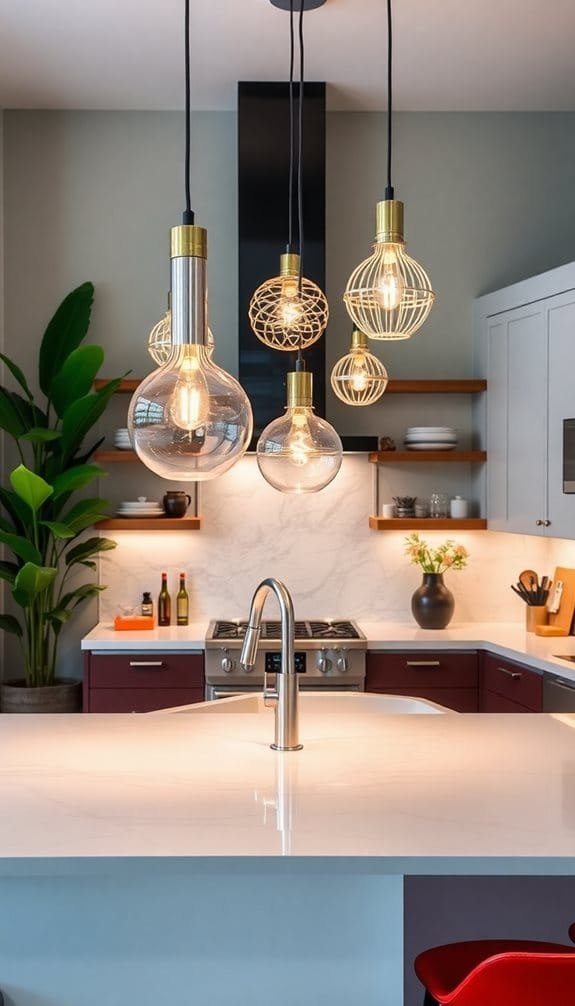 Modern kitchen featuring stylish pendant lighting with various bulb designs, a sleek island with a stainless steel faucet, and contemporary cabinetry in a warm color palette. The background showcases decorative shelves with plants and kitchen essentials.