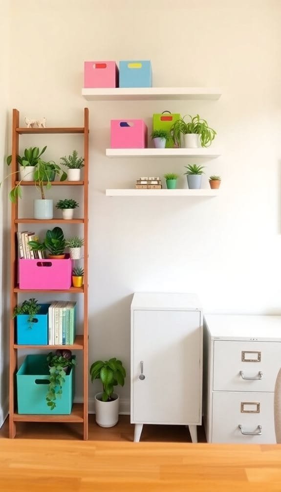 Stylish home office corner featuring a wooden ladder shelf with various potted plants and colorful storage boxes. Complemented by a white cabinet and filing drawers, this setup creates an organized and vibrant workspace.