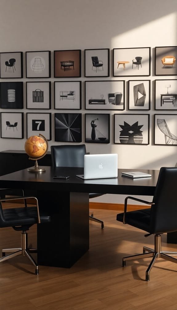 Modern office space featuring a sleek black conference table surrounded by black ergonomic chairs, complemented by a globe and a laptop. The wall is adorned with a collection of framed art pieces showcasing various furniture designs, creating a stylish and contemporary atmosphere.