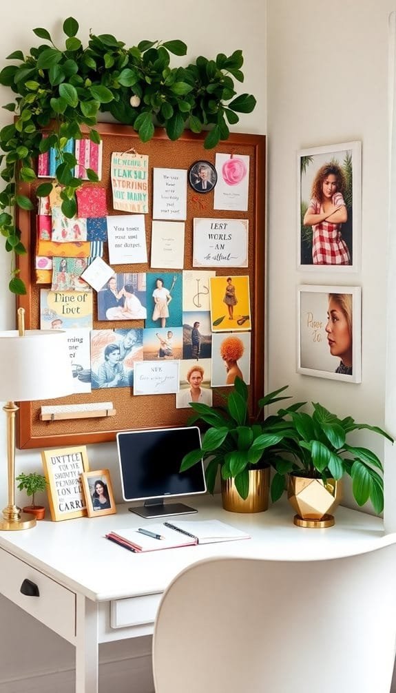 Stylish home office setup featuring a white desk, a corkboard adorned with inspirational quotes and photos, and lush greenery. The workspace includes a desktop computer, a notepad, and decorative plant pots, creating an inviting and productive environment.
