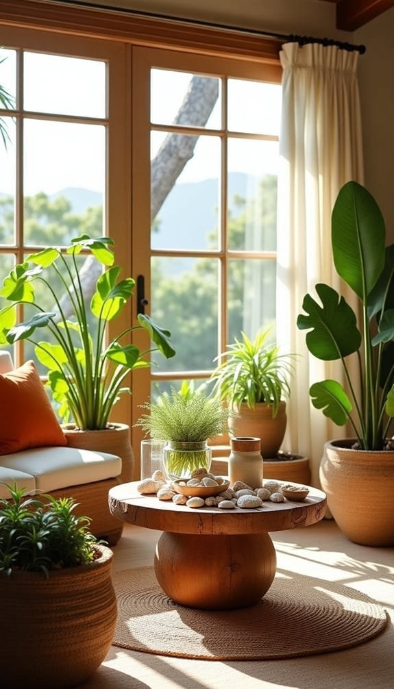 Cozy living room with a wooden coffee table adorned with pebbles and plants in terracotta pots, showcasing a bright atmosphere with large windows, sheer curtains.