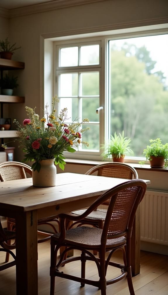 Bright and airy kitchen interior featuring a wooden dining table surrounded by woven chairs, complemented by a vibrant flower arrangement in a vase. Sunlight streams through a large window,