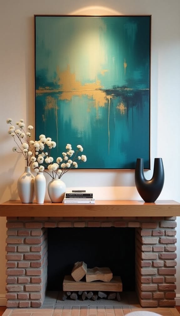 Modern interior design featuring an abstract teal and gold painting above a brick fireplace. The decor includes minimalist vases with white flowers.