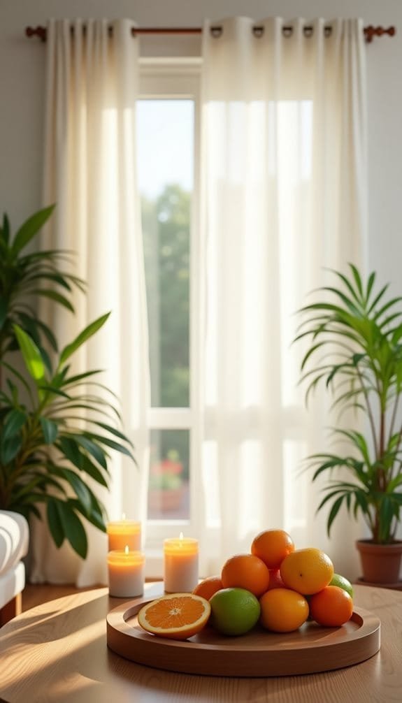 Bright and inviting kitchen scene featuring a wooden table with a round platter of assorted citrus fruits, including oranges and limes. In the background, soft, sheer curtains frame a sunlight-filled window, and warm candles add a cozy ambiance alongside leafy green plants, creating a fresh and serene atmosphere.