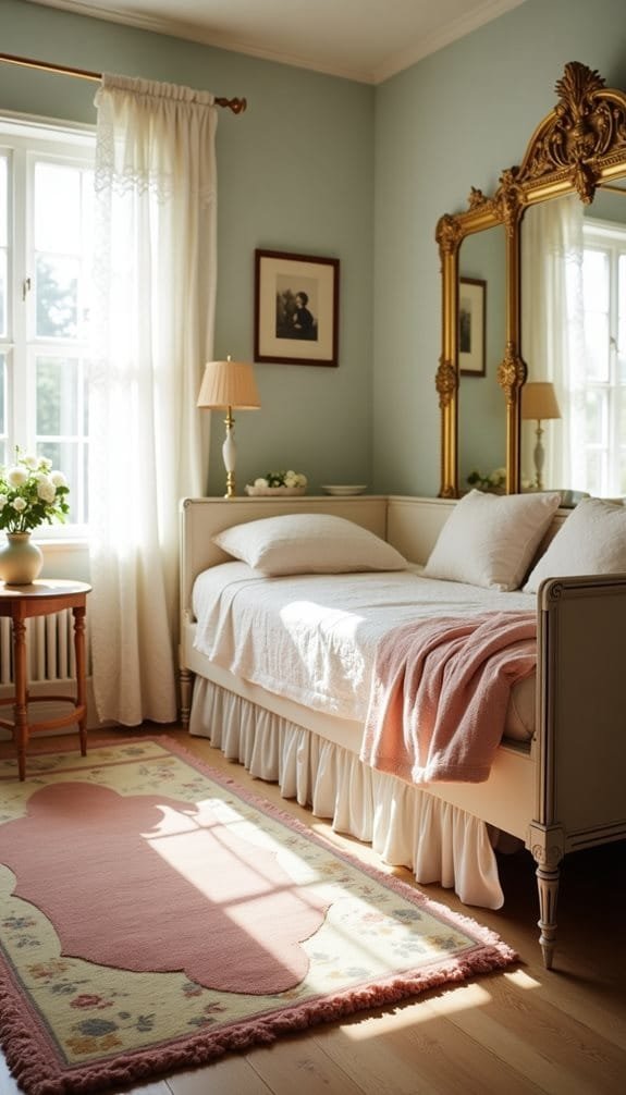 Cozy pastel bedroom with a daybed dressed in white bedding, a soft pink throw blanket, and a plush rug featuring floral designs. Natural light streams in through sheer curtains, highlighting the vintage decor, including a decorative mirror and framed art on the wall.