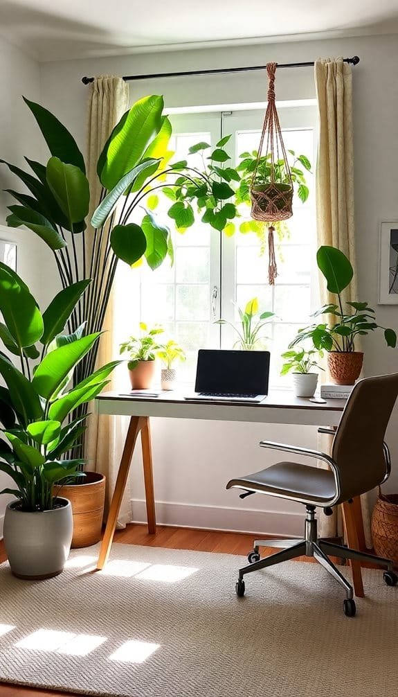 Home office with large indoor plants, a modern desk, and an ergonomic chair, featuring a laptop on the desk and ample natural light from a nearby window.