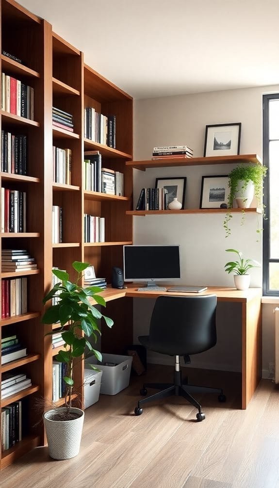 Modern home office with wooden shelves, books, a desk, computer, and indoor plants, creating a cozy workspace.