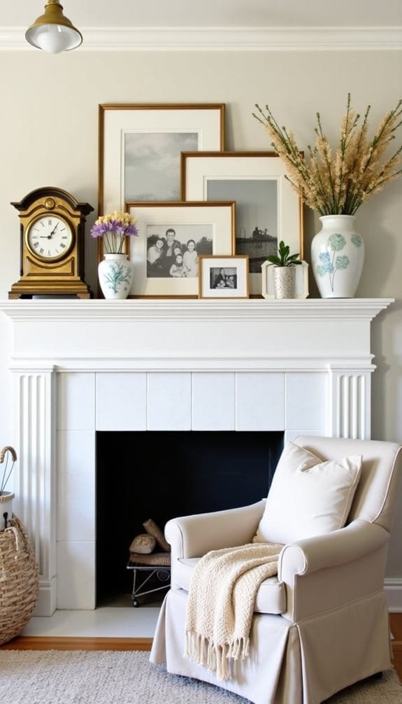 Cozy living room decor featuring a white fireplace mantel adorned with framed photos, a vintage clock, and decorative vases