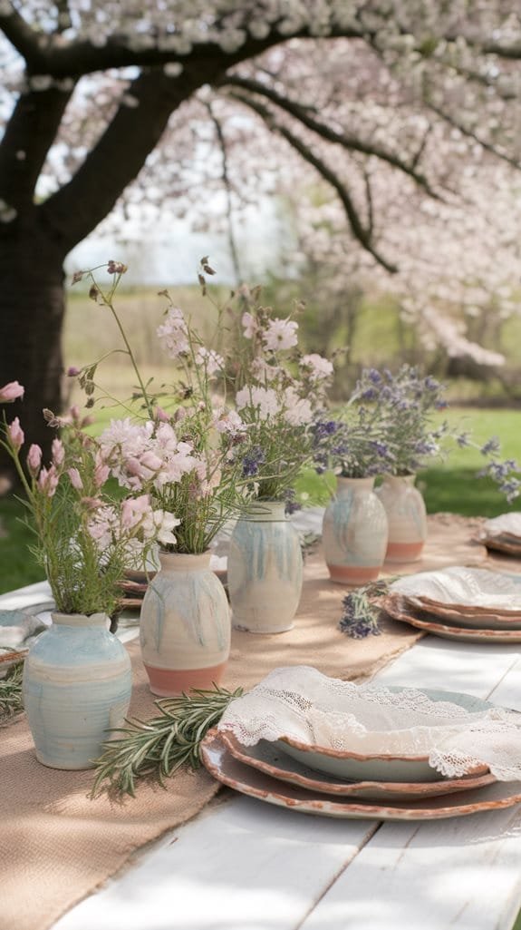 Outdoor table setting adorned with rustic pottery vases filled with fresh flowers, accompanied by elegant plates and a burlap table runner, under blooming cherry trees in a serene garden.
