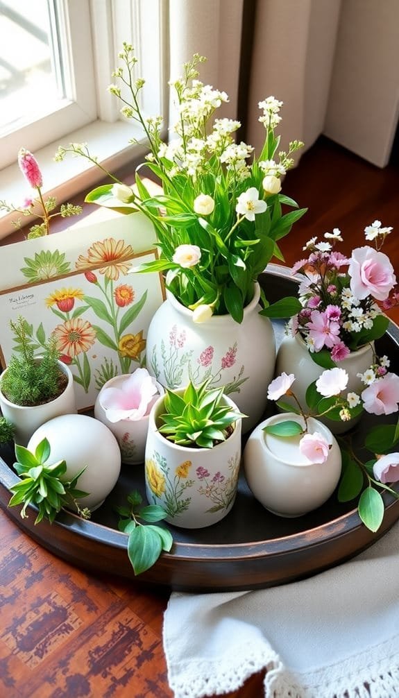 Colorful floral arrangements in decorative pots displayed on a wooden tray by a sunny window, enhancing home decor.